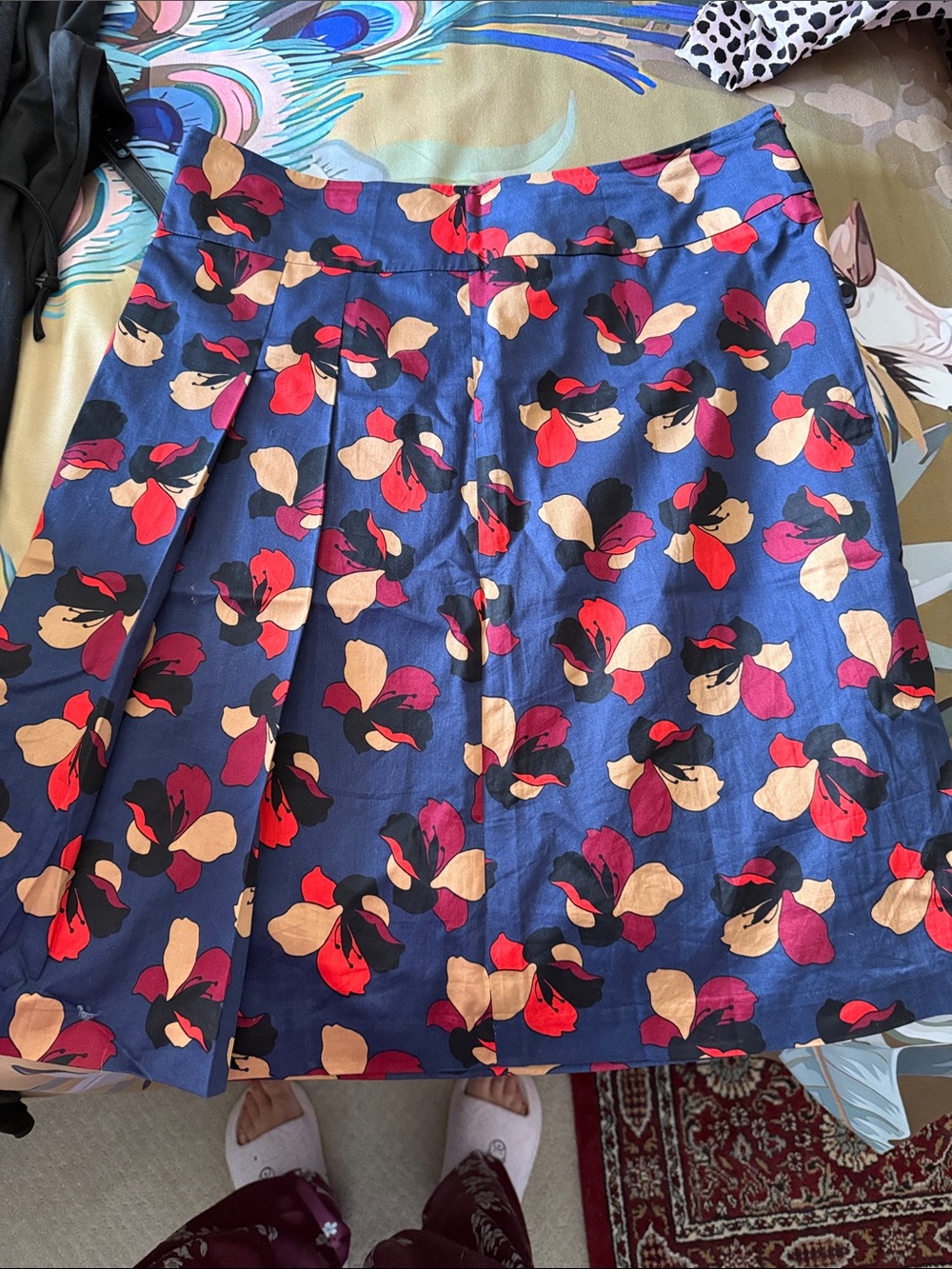 Ann Taylor Navy A-Line Skirt with Red, Black & Cream Floral Print